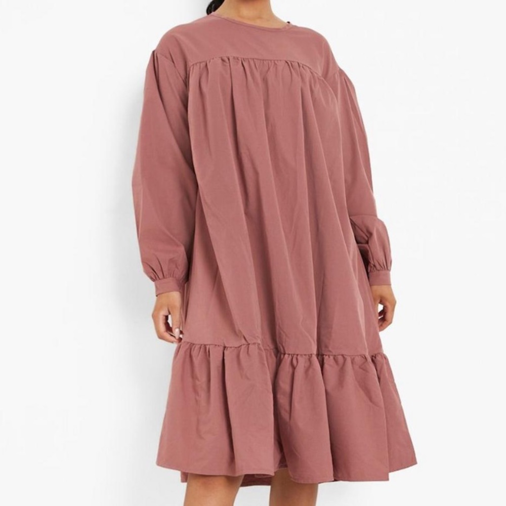 Boohoo Drop Hem Gathered Midi Smock Dress